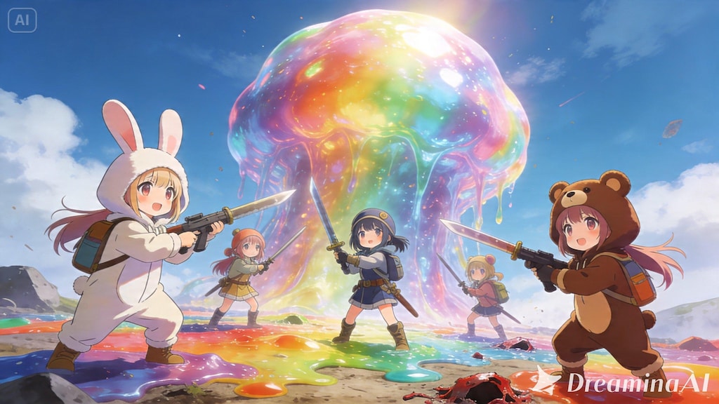 【All0421a】討伐直後、スライムの王キングレインボースライム現れた！さあ戦闘開始だ（モデル: Seedream 5.0）