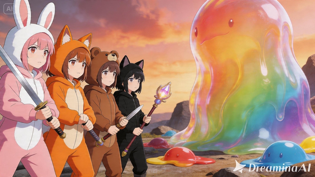 【All0421a】討伐直後、スライムの王キングレインボースライム現れた！さあ戦闘開始だ（モデル: Seedream 5.0）