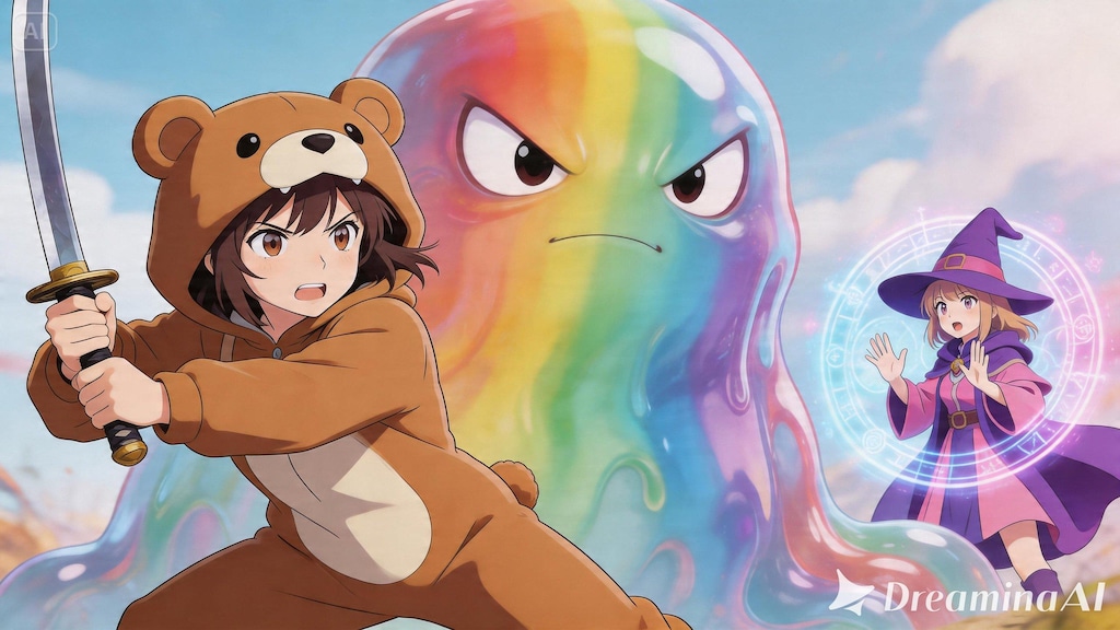 【All0421a】討伐直後、スライムの王キングレインボースライム現れた！さあ戦闘開始だ（モデル: Seedream 5.0）