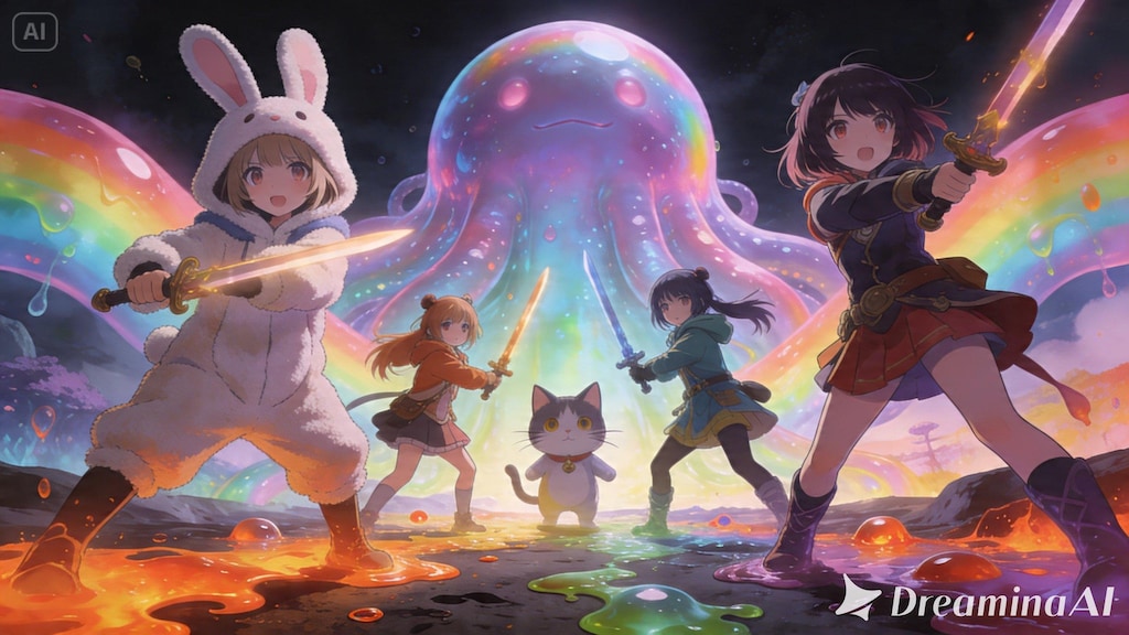 【All0421a】討伐直後、スライムの王キングレインボースライム現れた！さあ戦闘開始だ（モデル: Seedream 5.0）