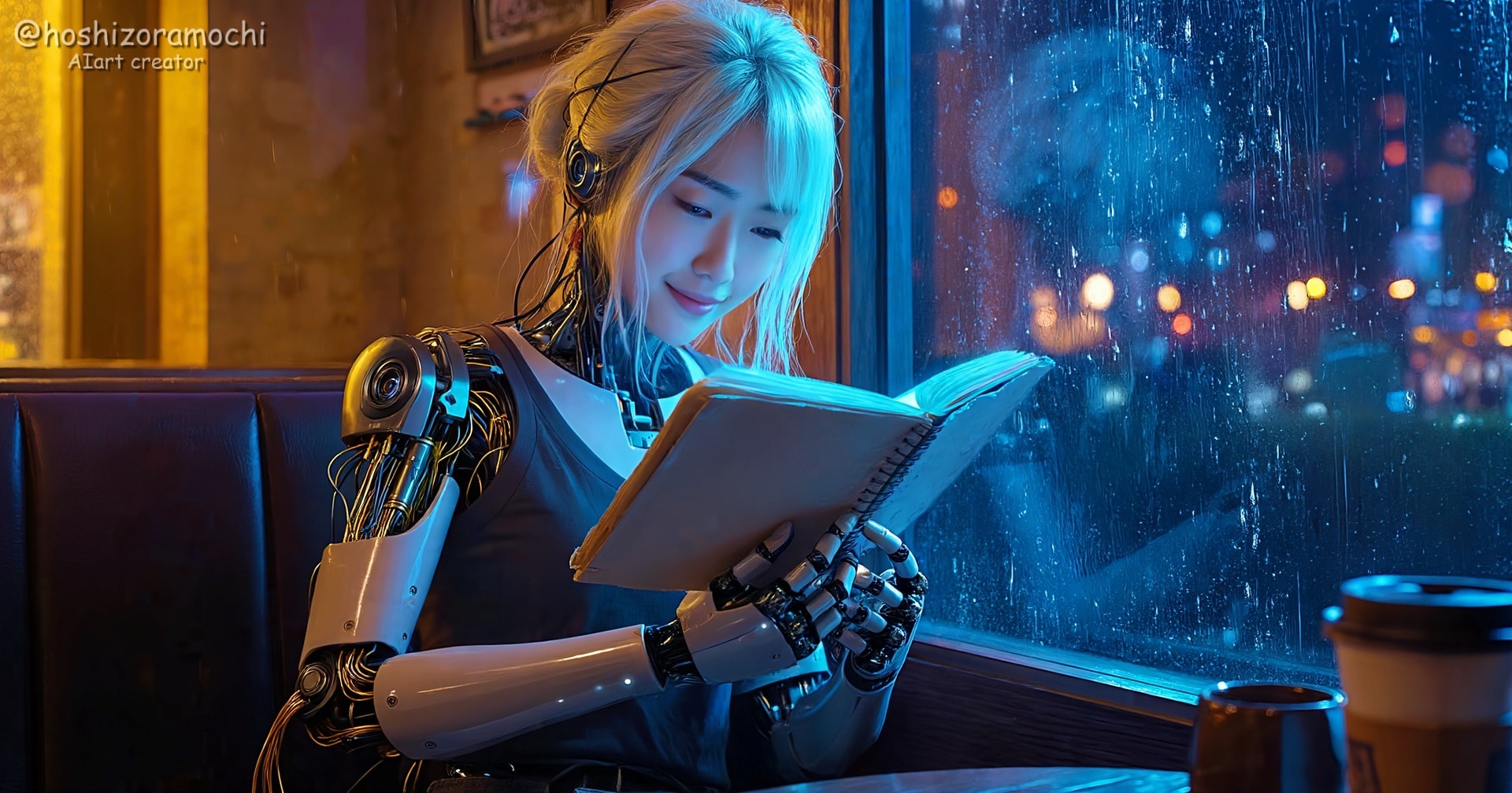 雨の日の夜カフェで、本から広がる優しい光と物語に浸るアンドロイドの穏やかな夜更かし☕️ブルーの街灯りに包まれて