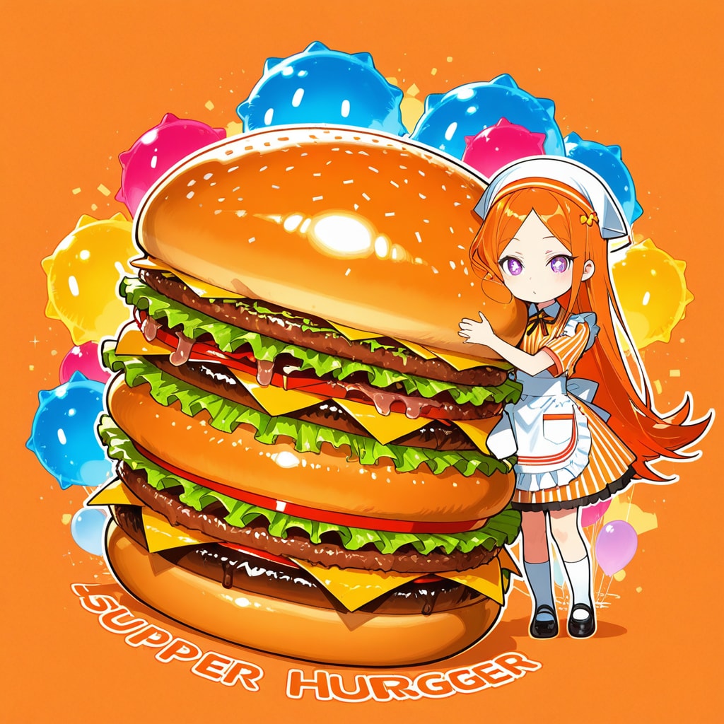 いっぱい風船を持つオレンジロングのハンバーガーショップの美女店員さん