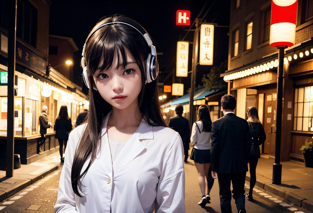 夜の街を歩く女子高生