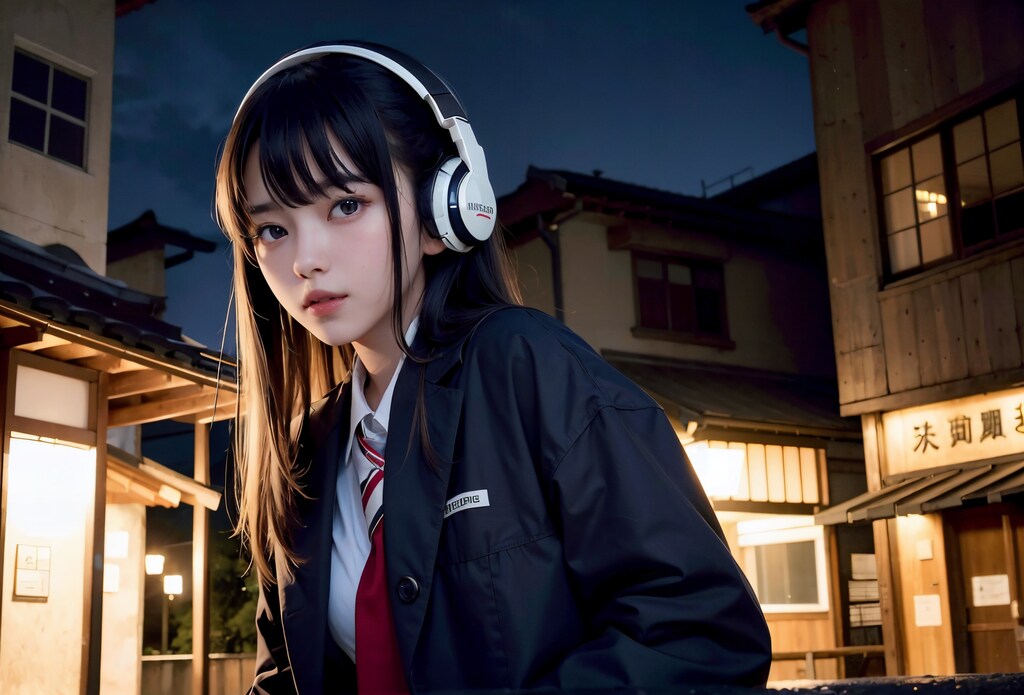 夜の街を歩く女子高生