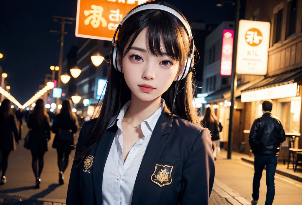 夜の街を歩く女子高生