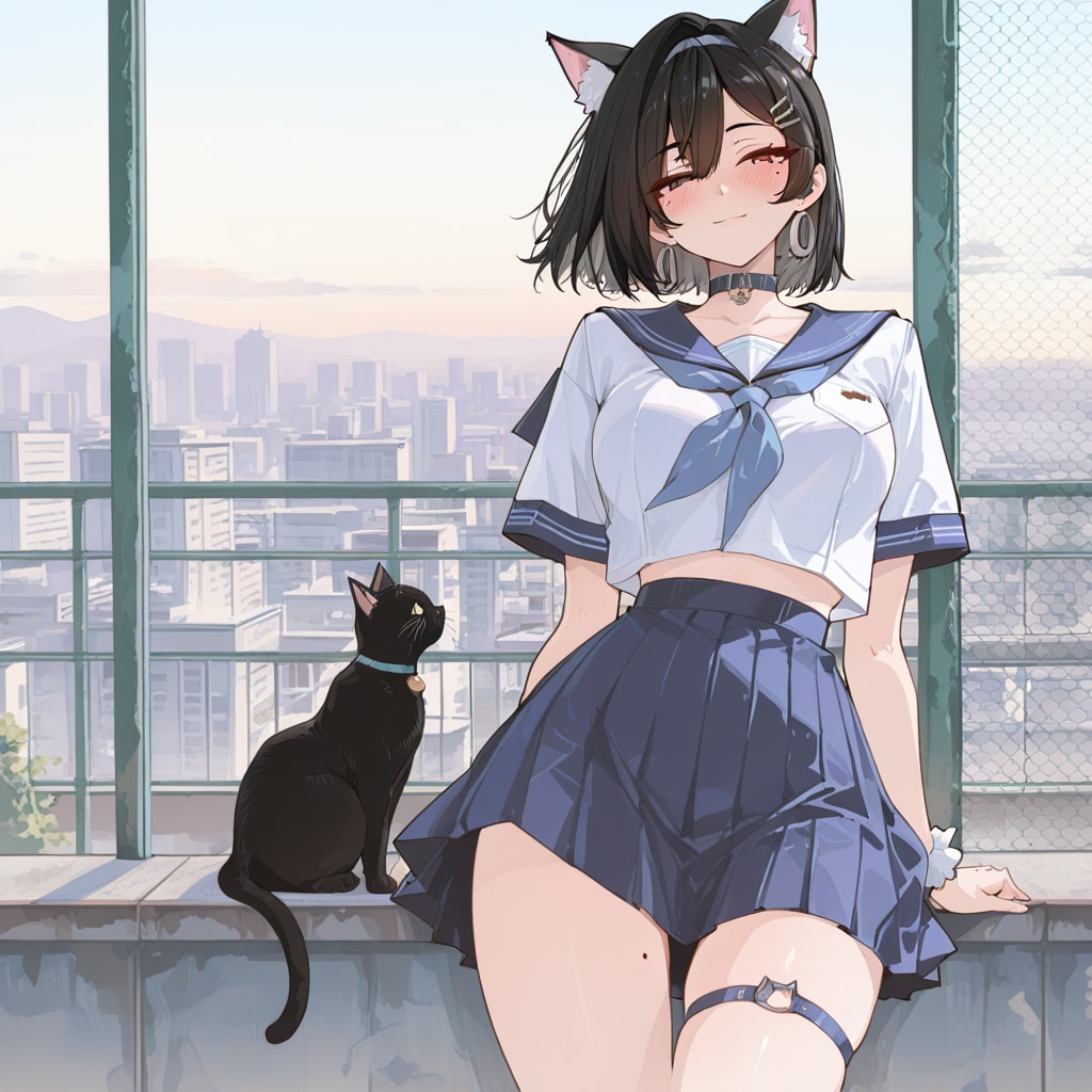 屋上でアプさんに黒猫