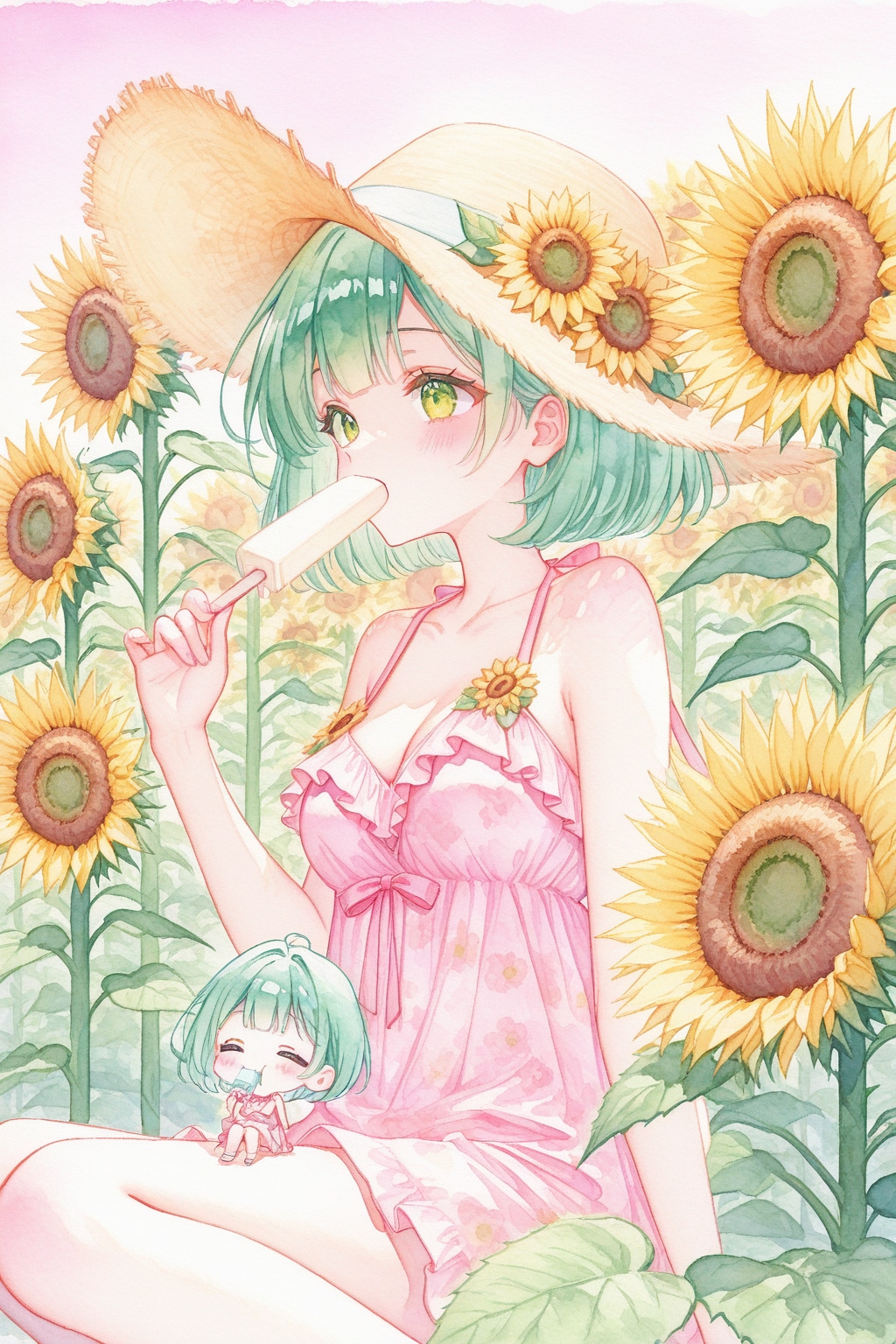 ひまわりと緑髪ちゃん