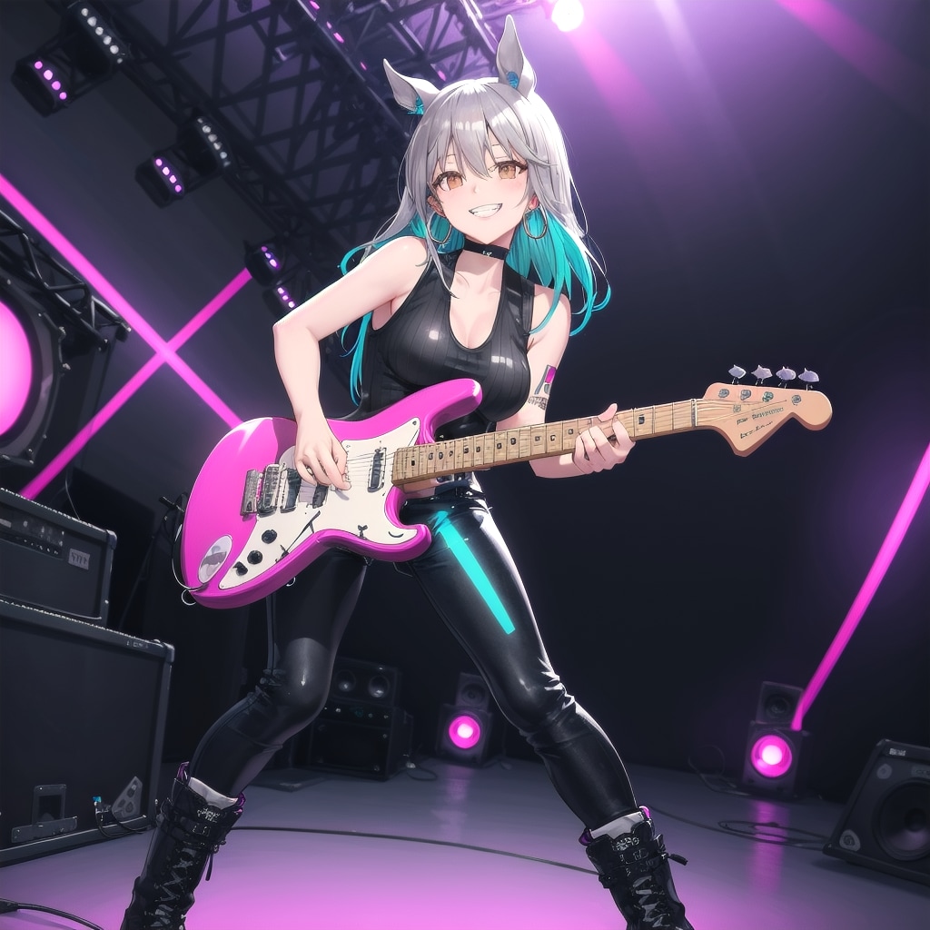 ギターの音色で観客を魅了するウマ耳の女の子