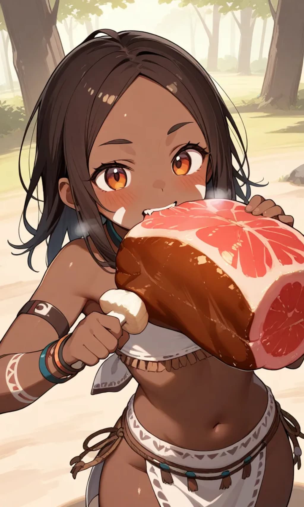 お肉を食べる部族の子。
