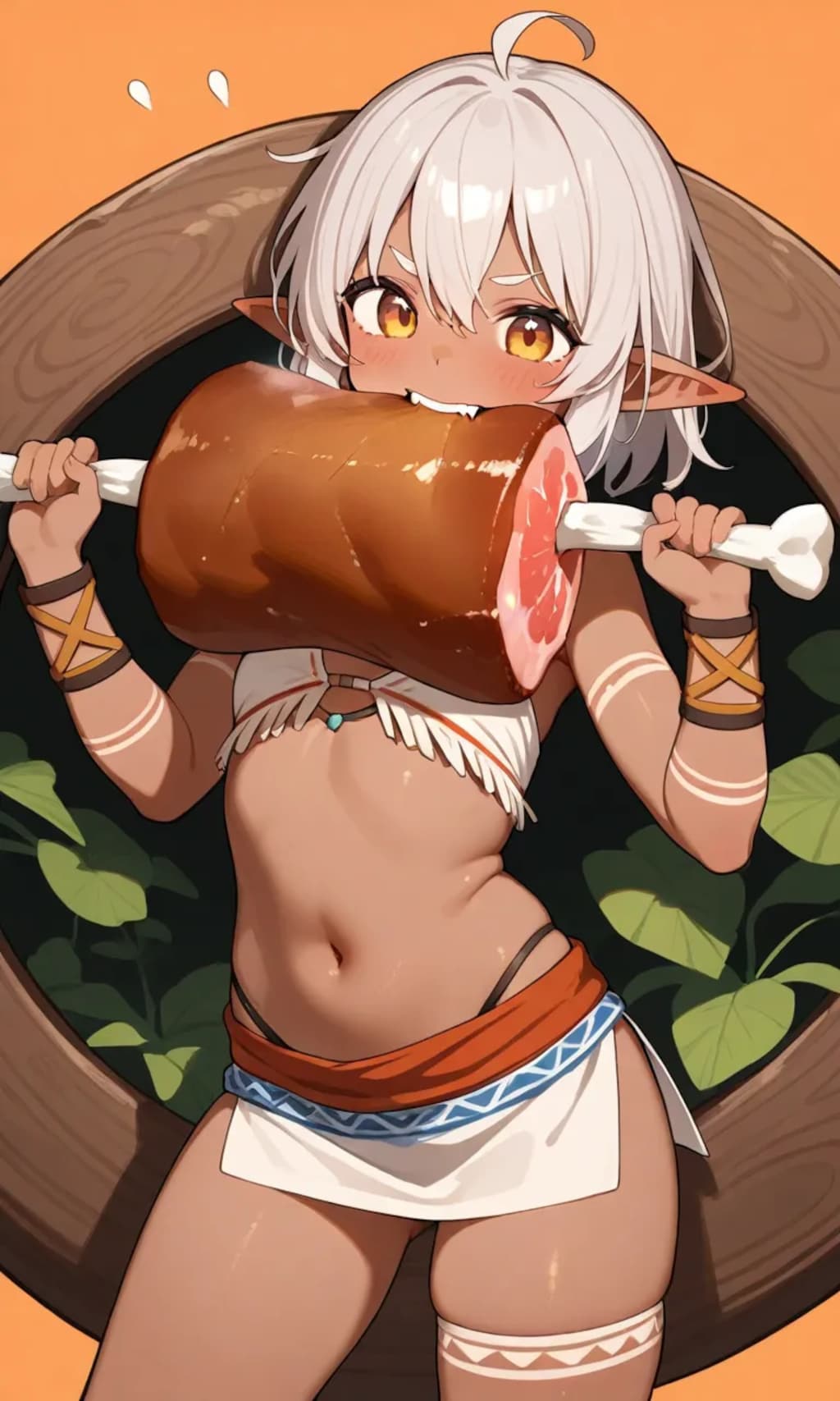 お肉を食べる部族の子。