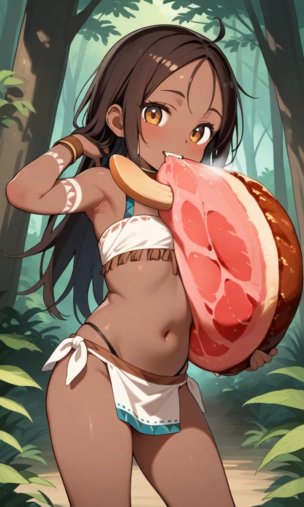 お肉を食べる部族の子。