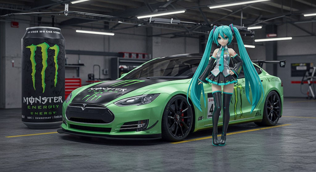 モンスターエナジーテスラセダンと初音ミク