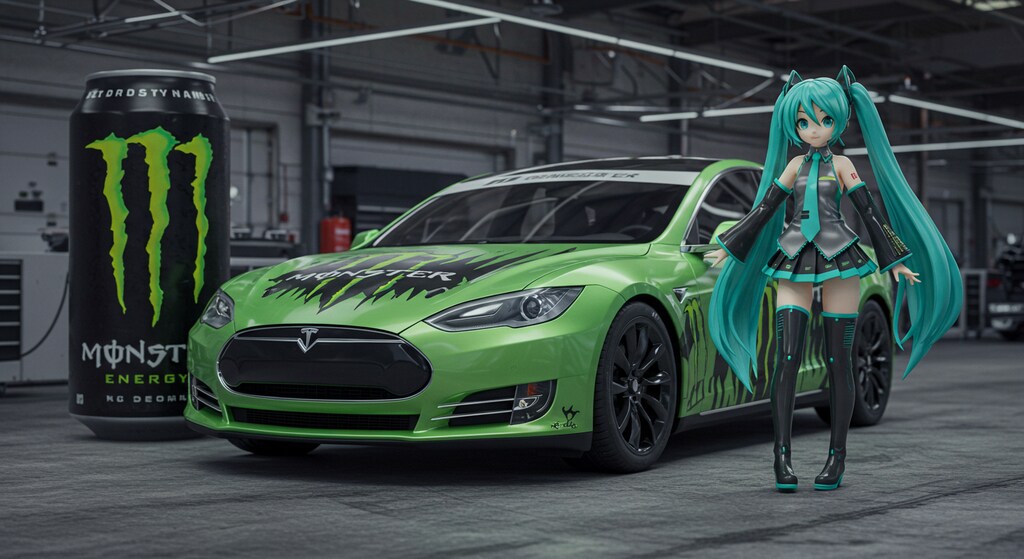 モンスターエナジーテスラセダンと初音ミク