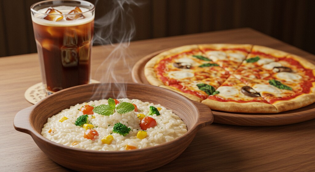 深夜食堂のリゾットとピザのセット