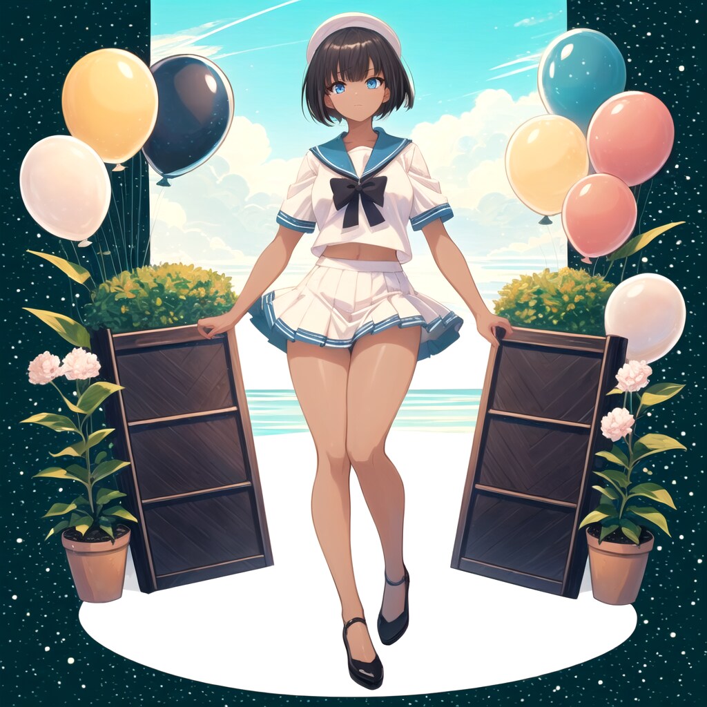 スタジオのセットで撮影するセーラー服の女の子と風船 | の人気AIイラスト・グラビア