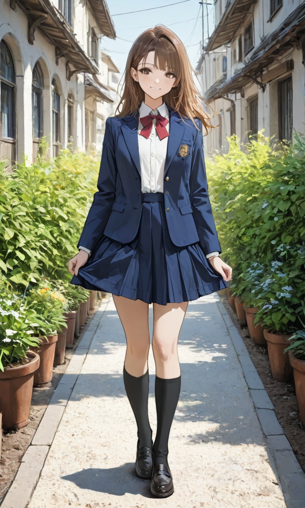 スカートの裾を掴む女子高生