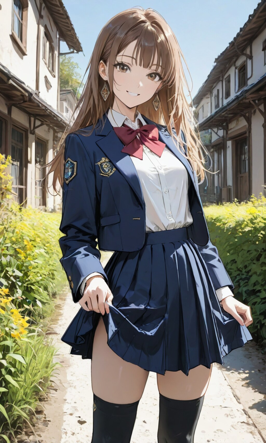 スカートの裾を掴む女子高生