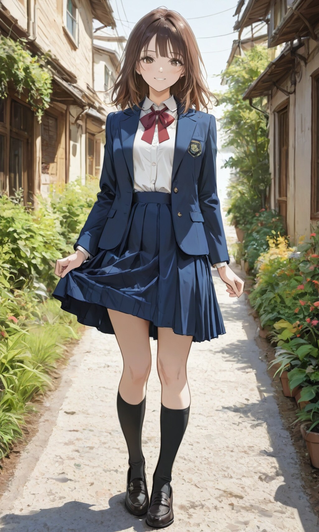 スカートの裾を掴む女子高生