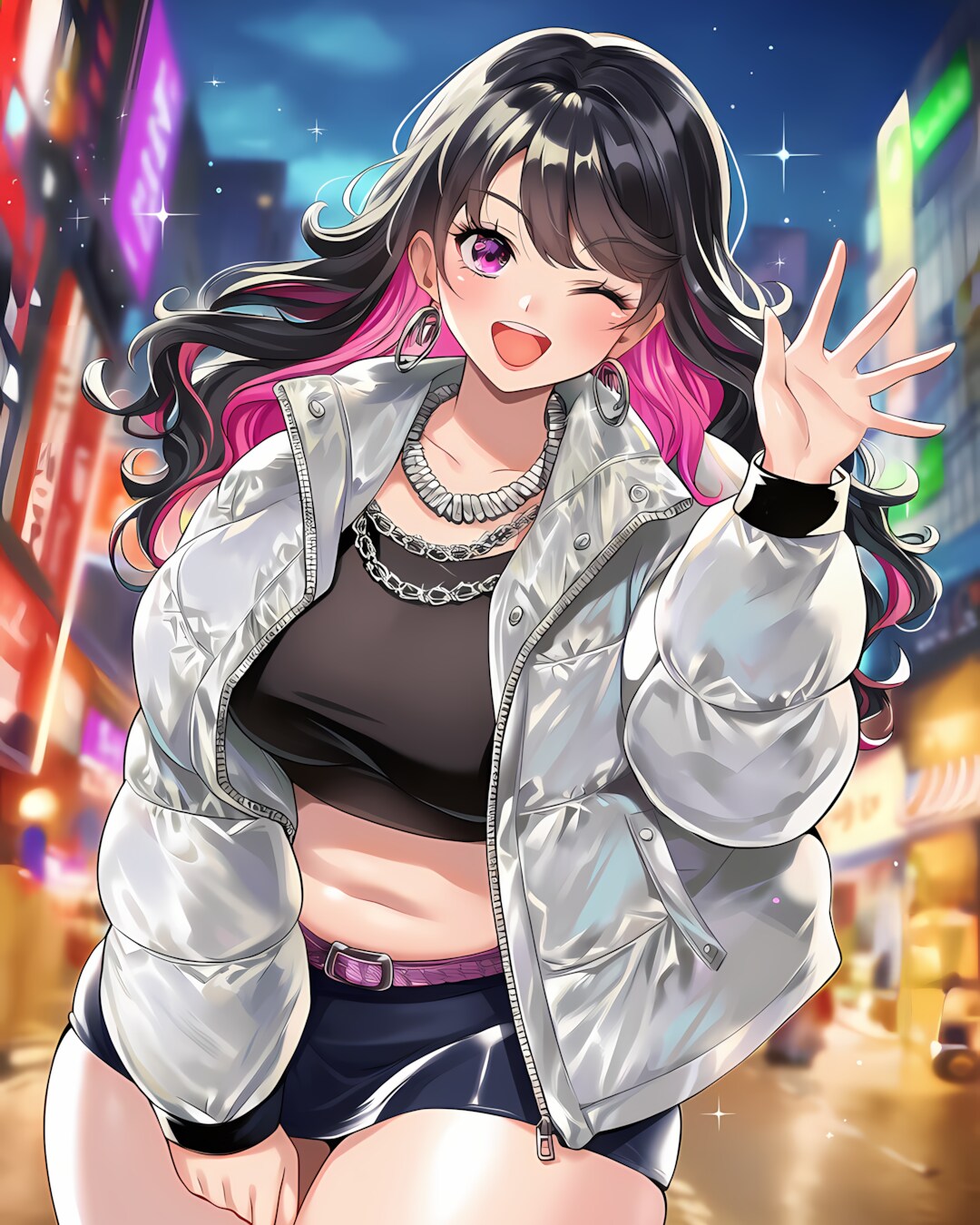 💿ネオンに負けない輝き✨銀ダウン×Y2Kギャルのお迎え💖