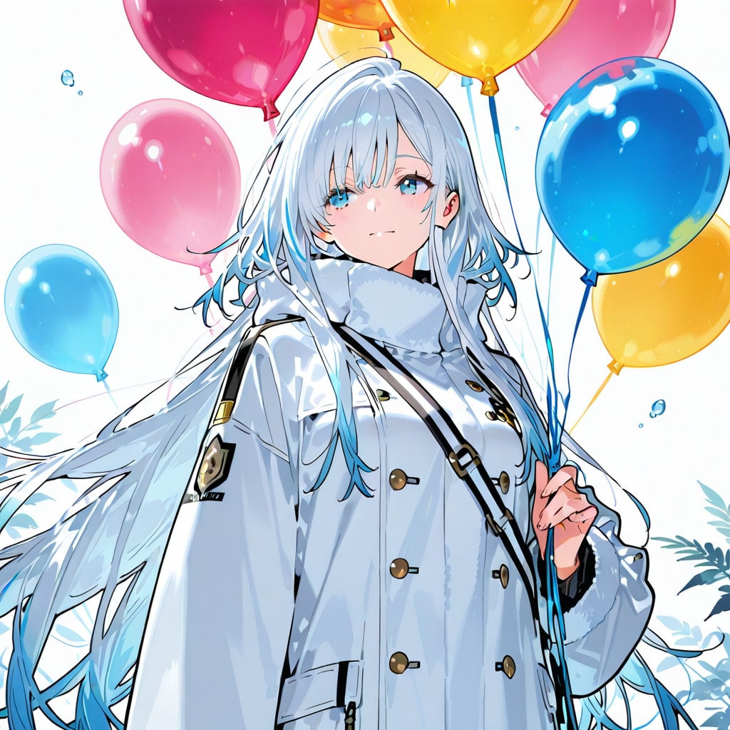 いっぱい風船を持つ白い髪ロングの白衣着た美女 | の人気AIイラスト・グラビア