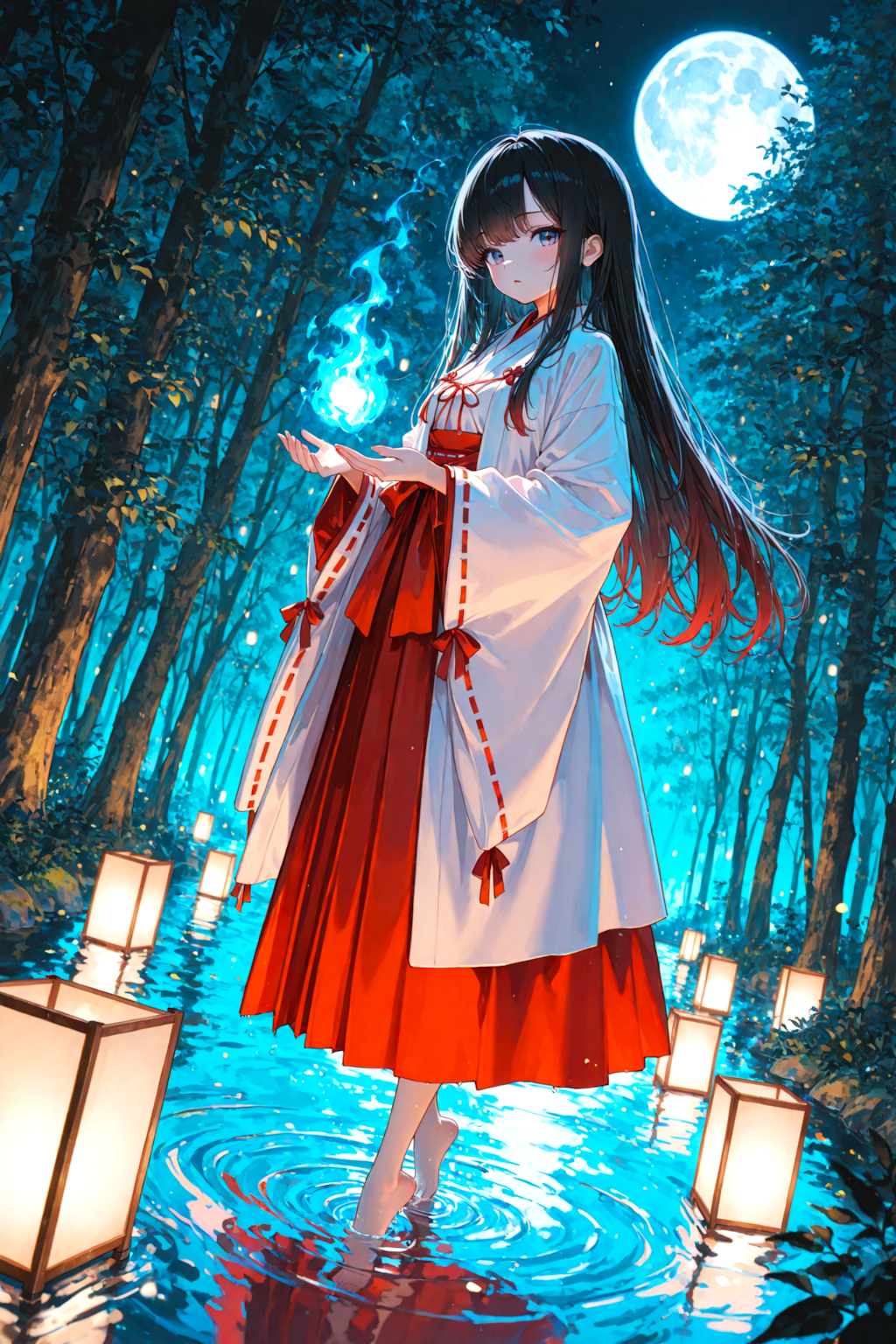 巫女と青い火の玉