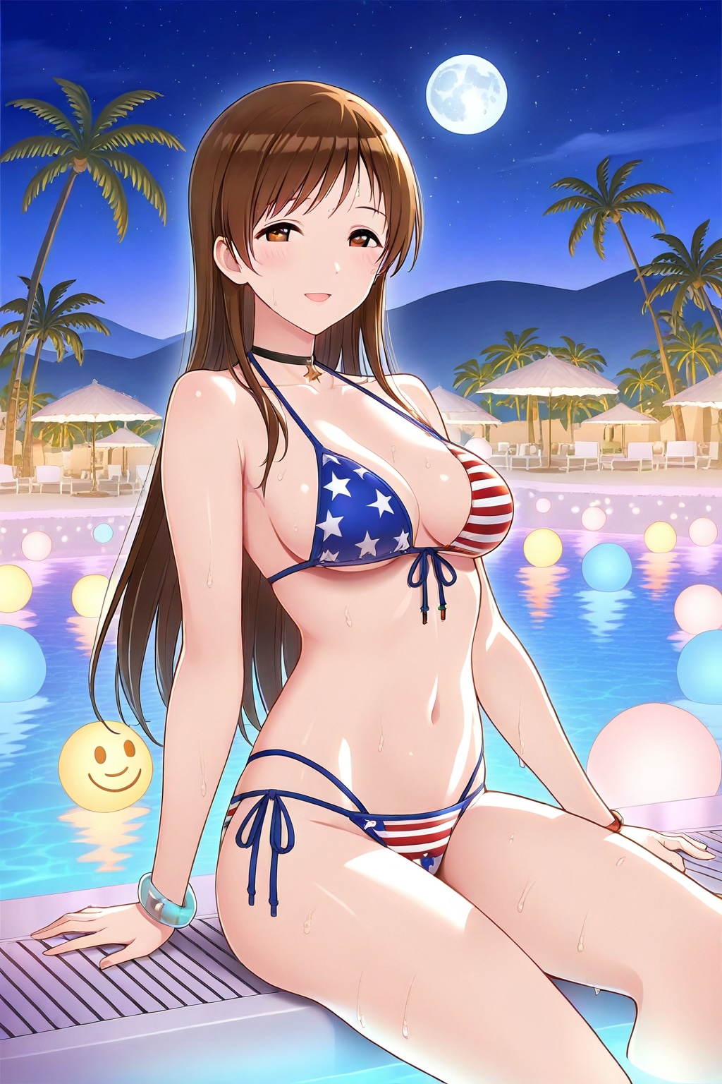 満月の夜、星条旗ビキニの新田さんとオアシスで。