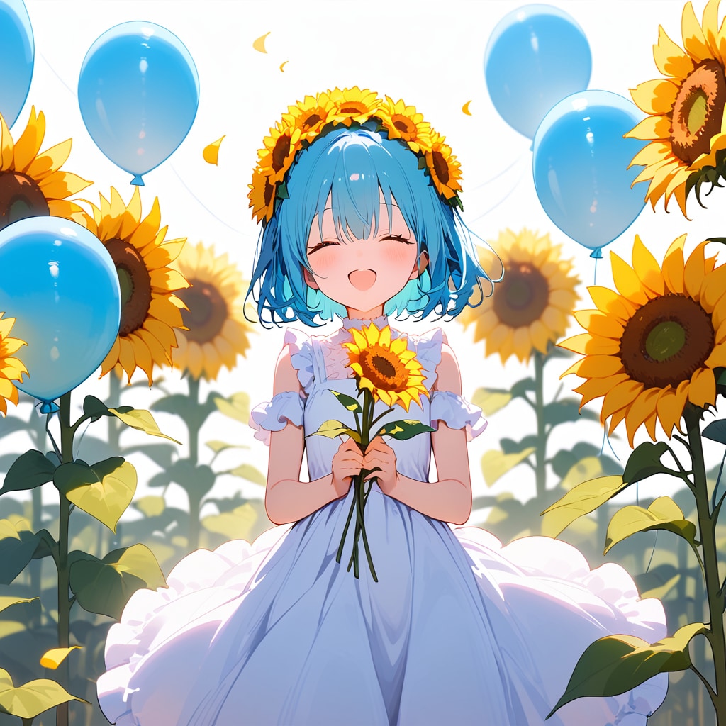 ひまわり畑で水色の風船を膨らませて遊ぶ水色の髪ロングの美少女 | の人気AIイラスト・グラビア