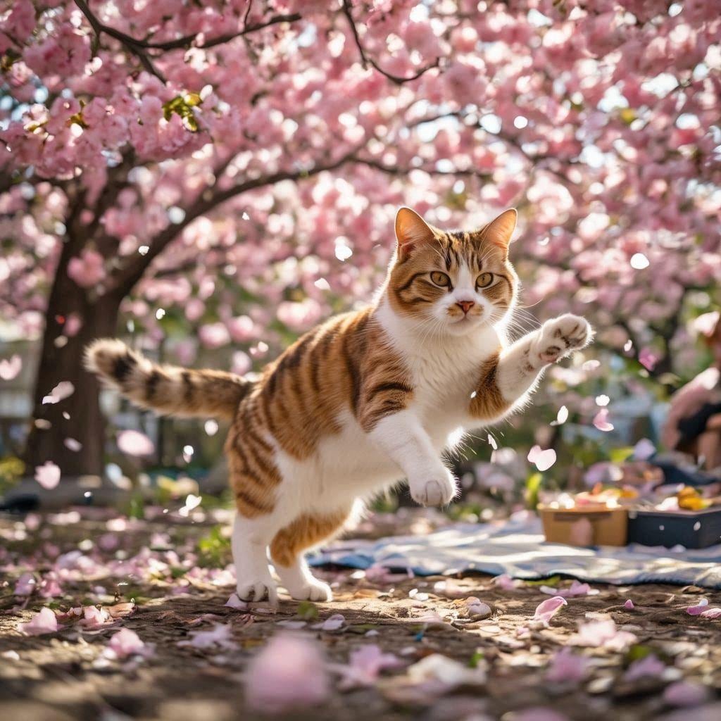 花見会場で踊る猫