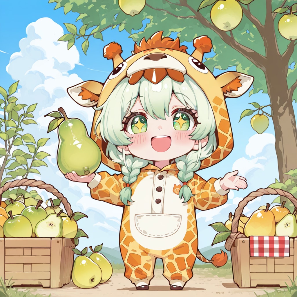 梨を楽しむキリン着ぐるみちび子ちゃん