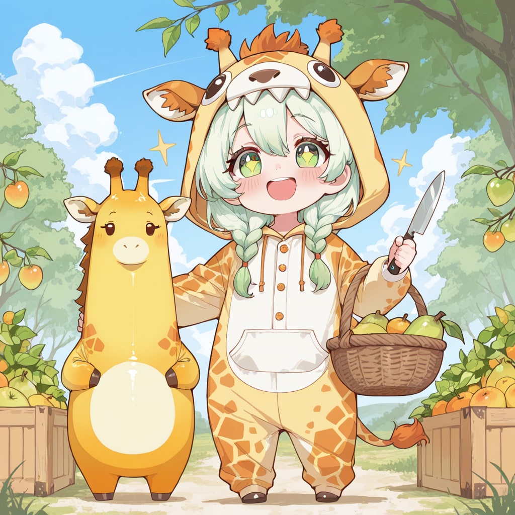 梨を楽しむキリン着ぐるみちび子ちゃん