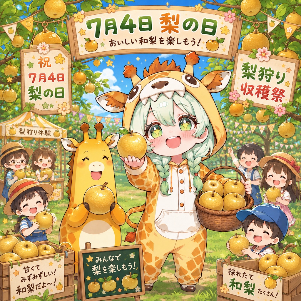 梨を楽しむキリン着ぐるみちび子ちゃん