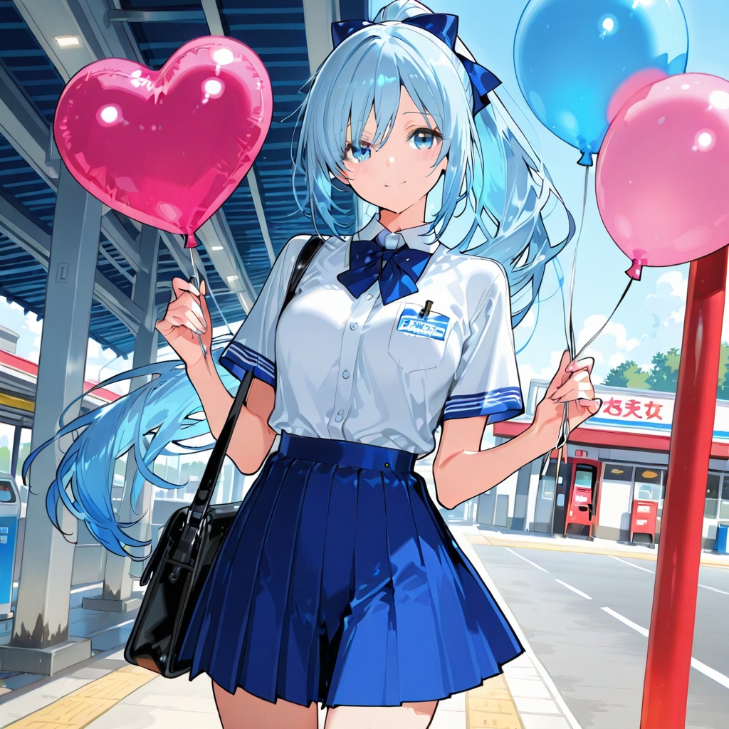 色とりどり風船を持つ水色髪ポニーテールのガソリンスタンドの美女店員さん