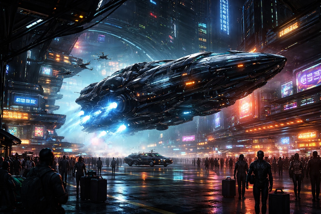 サイバーパンクの空港(GPT-Image-1+1.5版)