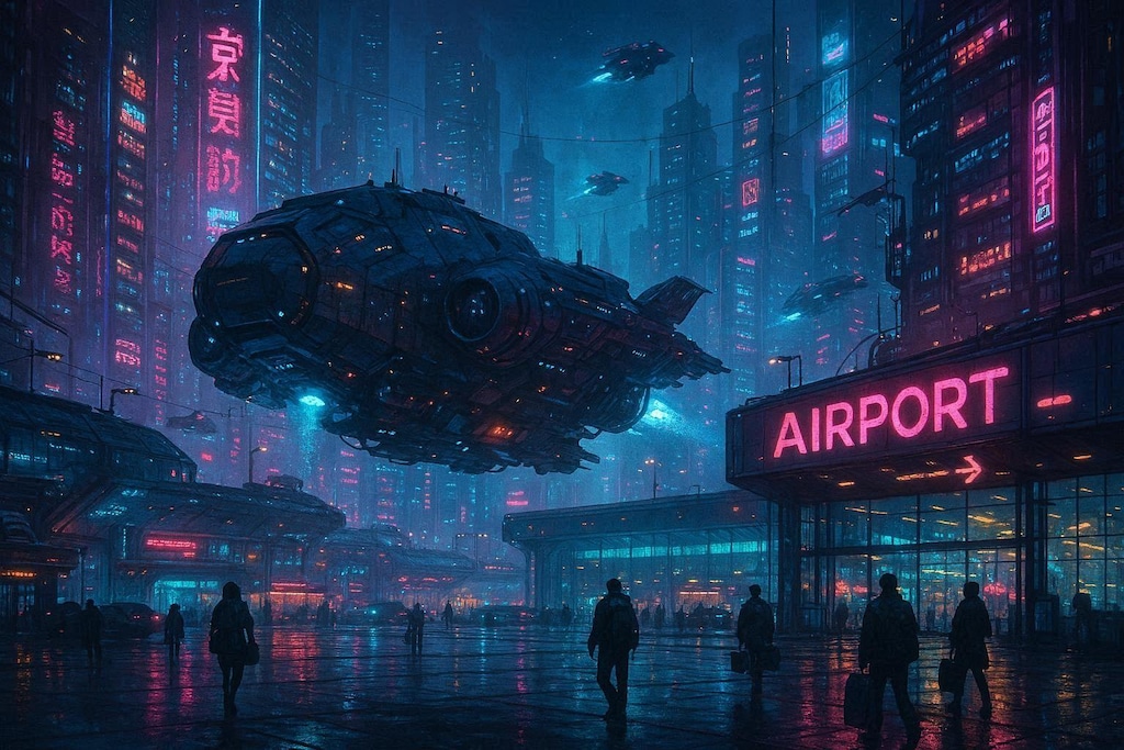 サイバーパンクの空港(GPT-Image-1+1.5版)