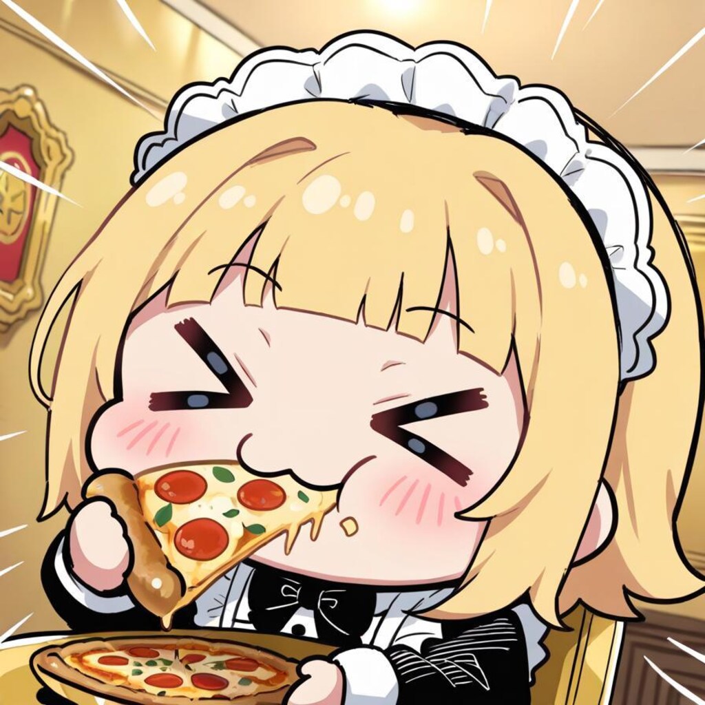 ✨目前に迫った黄金週間に備え黄金の部屋でおピッツァを食し気を高める系メイドちゃん✨