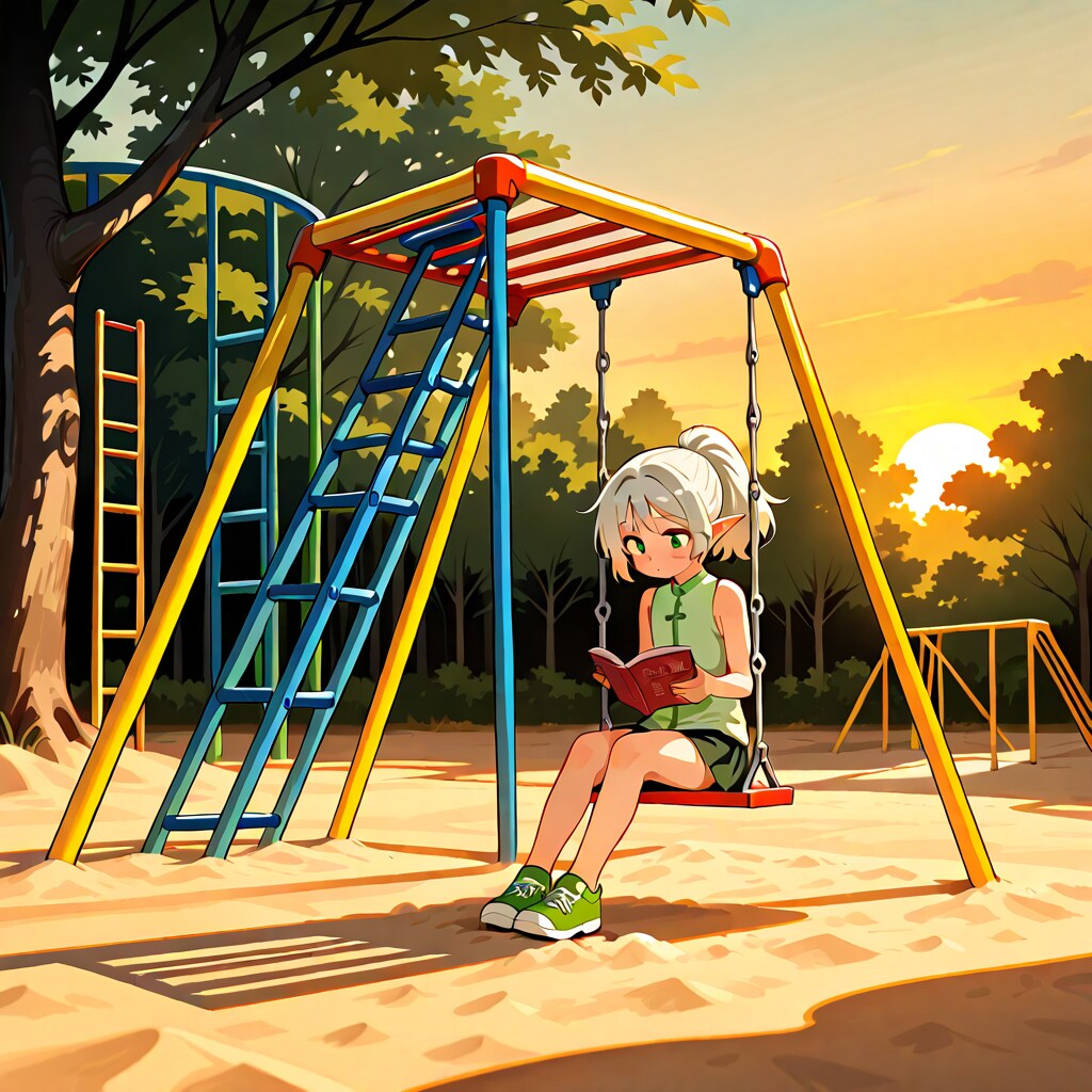 夕焼けの公園で読書している銀髪エルフの女の子