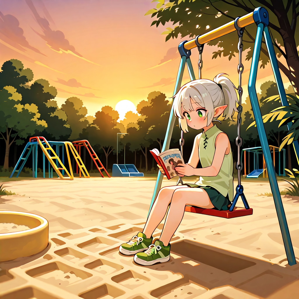 夕焼けの公園で読書している銀髪エルフの女の子