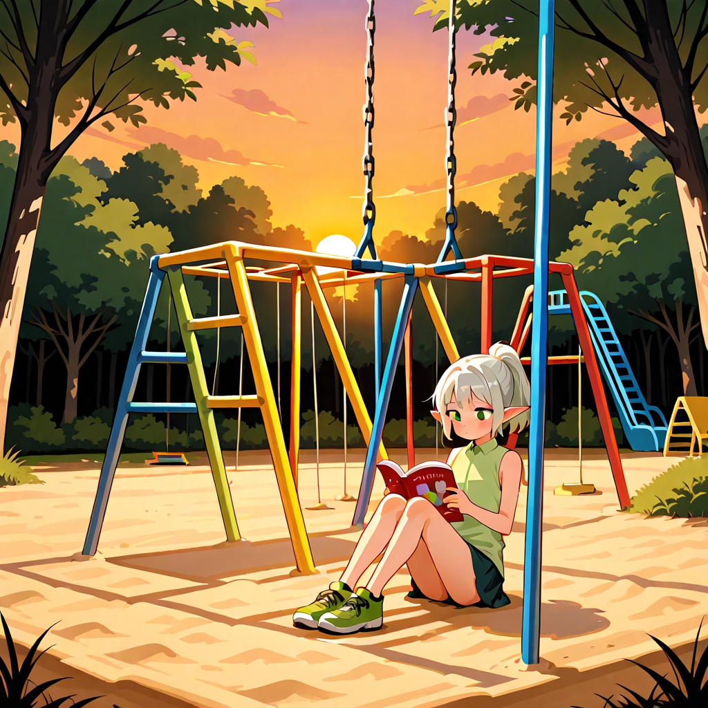 夕焼けの公園で読書している銀髪エルフの女の子
