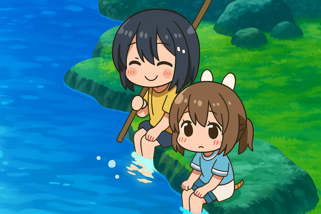 釣りをするメイプルとサリー（防振り）