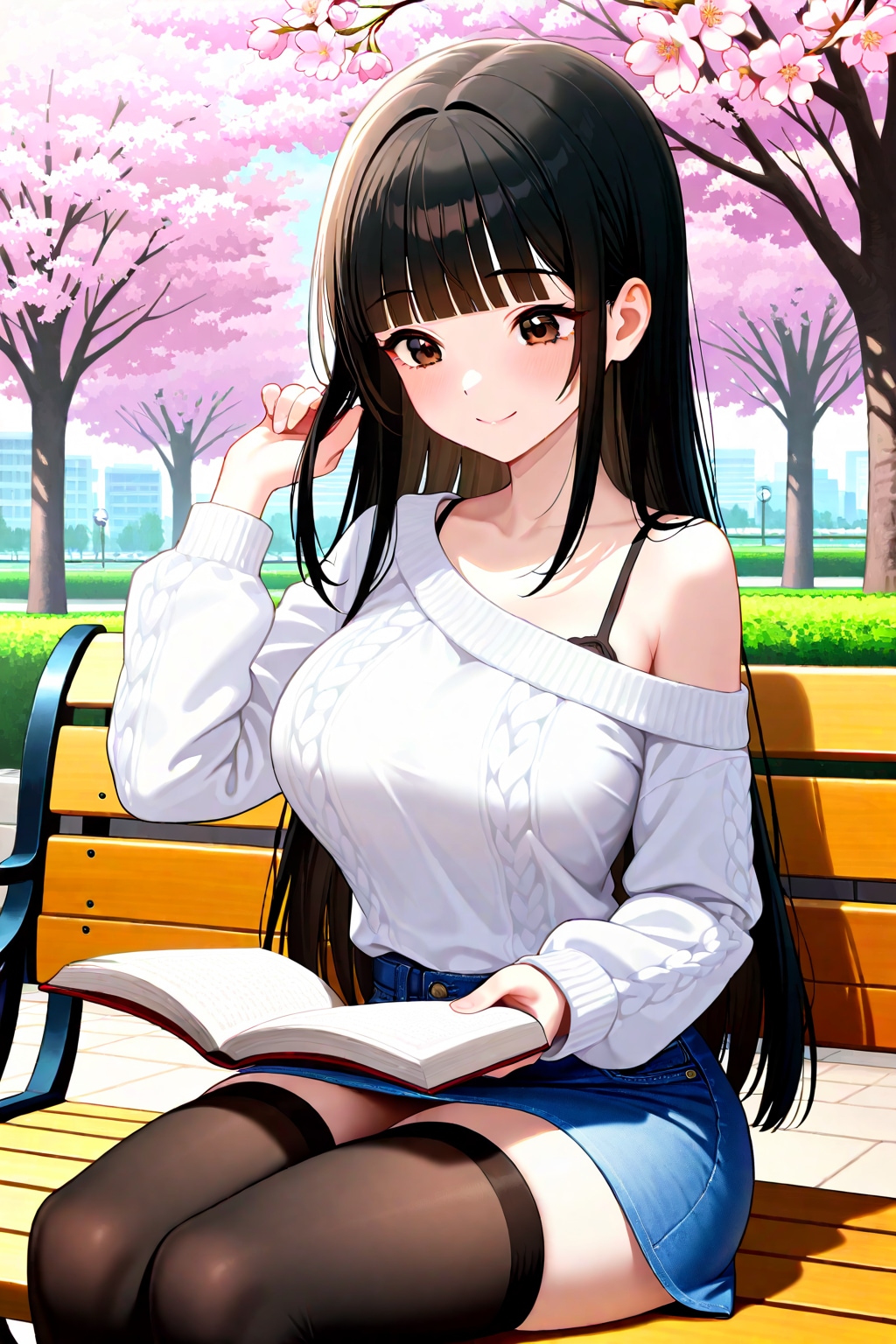 桜の下で読書するサキちゃん | の人気AIイラスト・グラビア