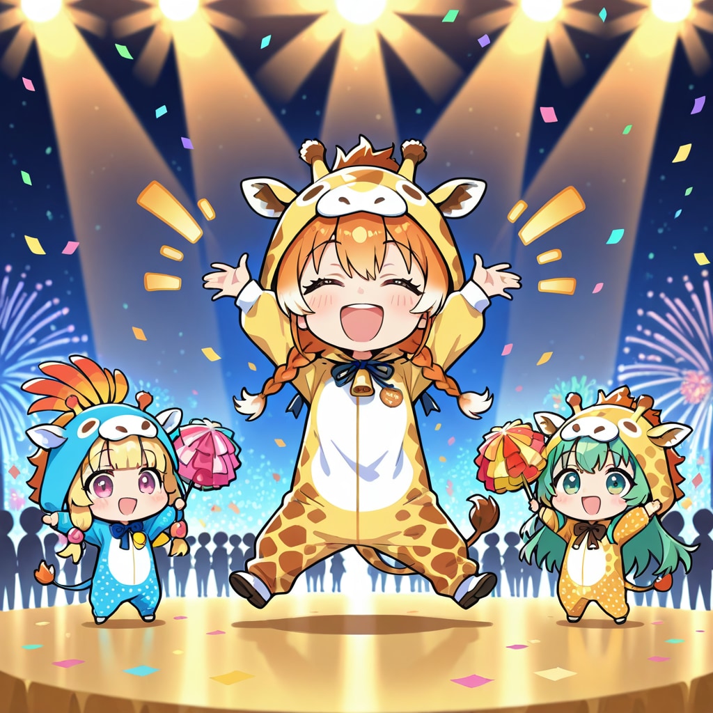 夜のお祭りとキリン着ぐるみちび子ちゃん