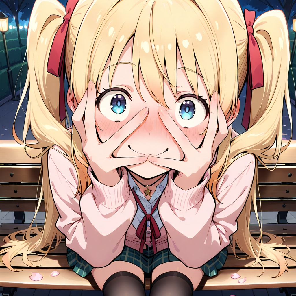 「きゃっ…！？」金髪ツインテJK莉奈のベンチで両手顔照れ顔♡😳🌸 | の人気AIイラスト・グラビア