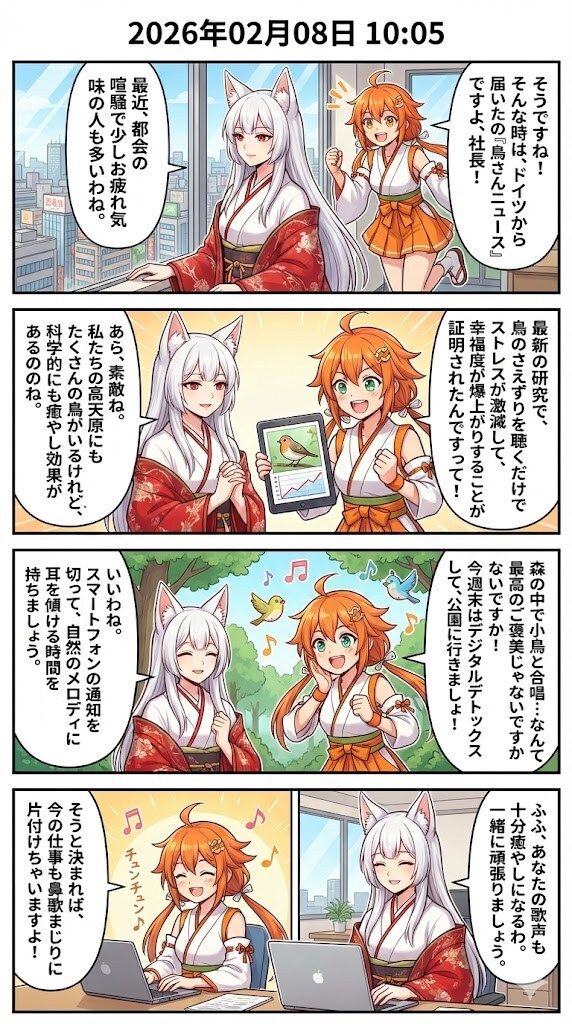 鳥のさえずりとウェルビーイングの関係　毎日漫画10時