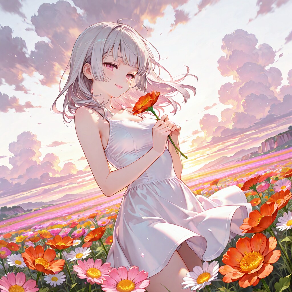 花畑と白ワンピース