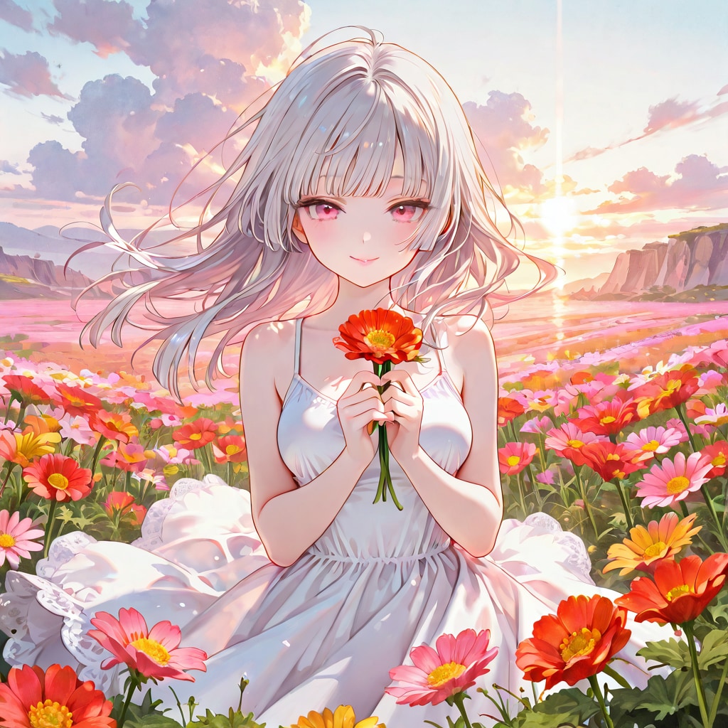 花畑と白ワンピース