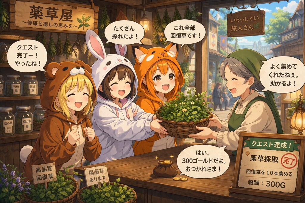 【All0411c】「薬草採取」のクエストが完了、依頼者の薬屋のおばちゃんに納品しに来た（モデル: ChatGPT）