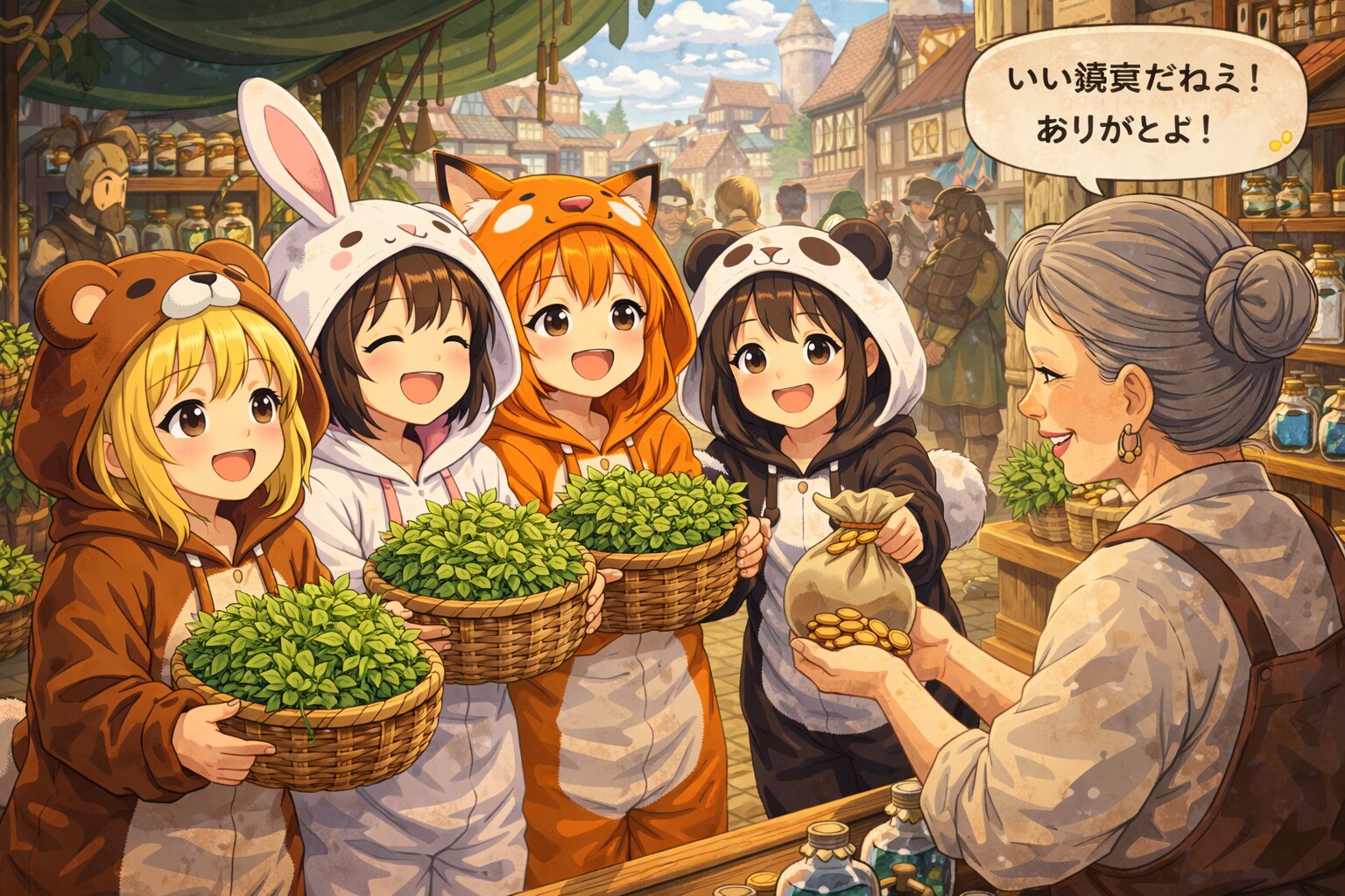 【All0411c】「薬草採取」のクエストが完了、依頼者の薬屋のおばちゃんに納品しに来た（モデル: ChatGPT） | の人気AIイラスト・グラビア