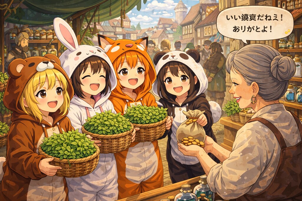 【All0411c】「薬草採取」のクエストが完了、依頼者の薬屋のおばちゃんに納品しに来た（モデル: ChatGPT）