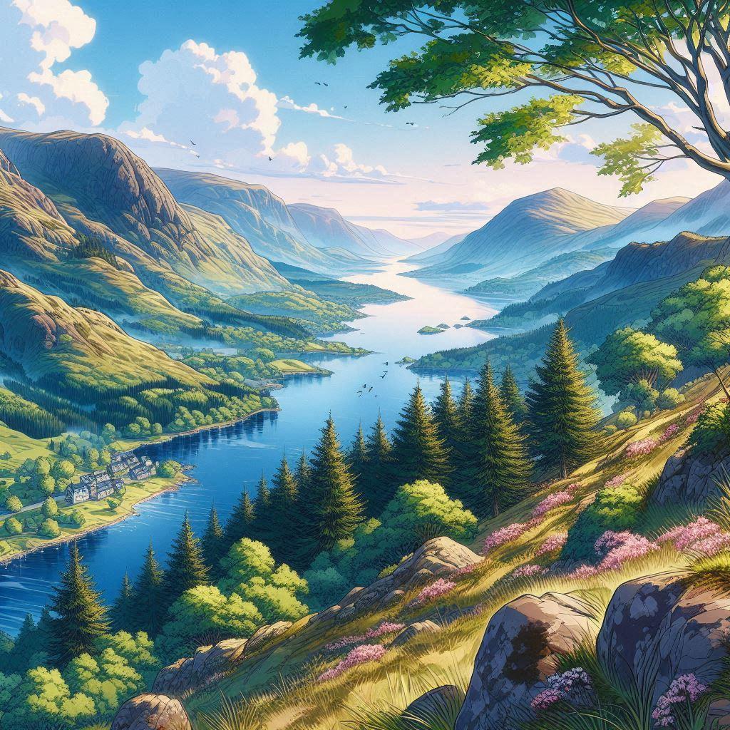 ネス湖を望むスコットランド高地のさわやかなアニメのイラスト | の人気AIイラスト・グラビア