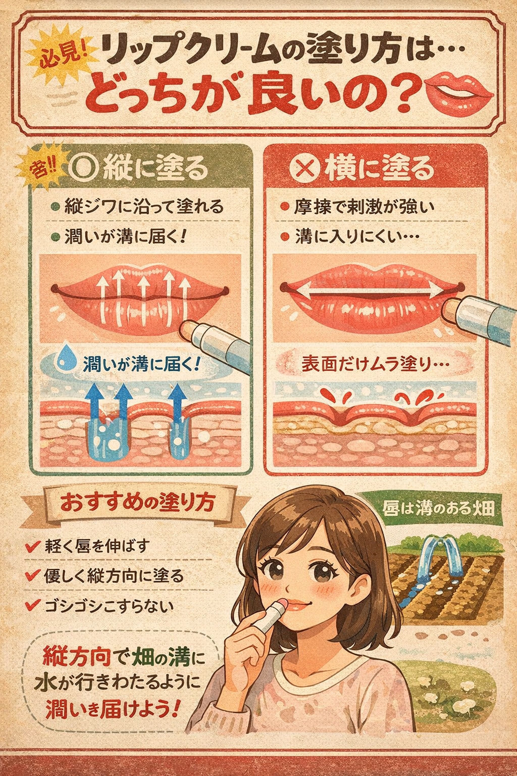 リップクリームは唇に塗る時 唇の横ではなく縦に塗った方がいいというのは本当ですか？